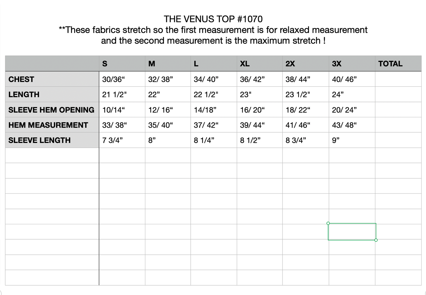 The Venus Top! - Tarantula Clothing Company size chart with black colour text in white and black table