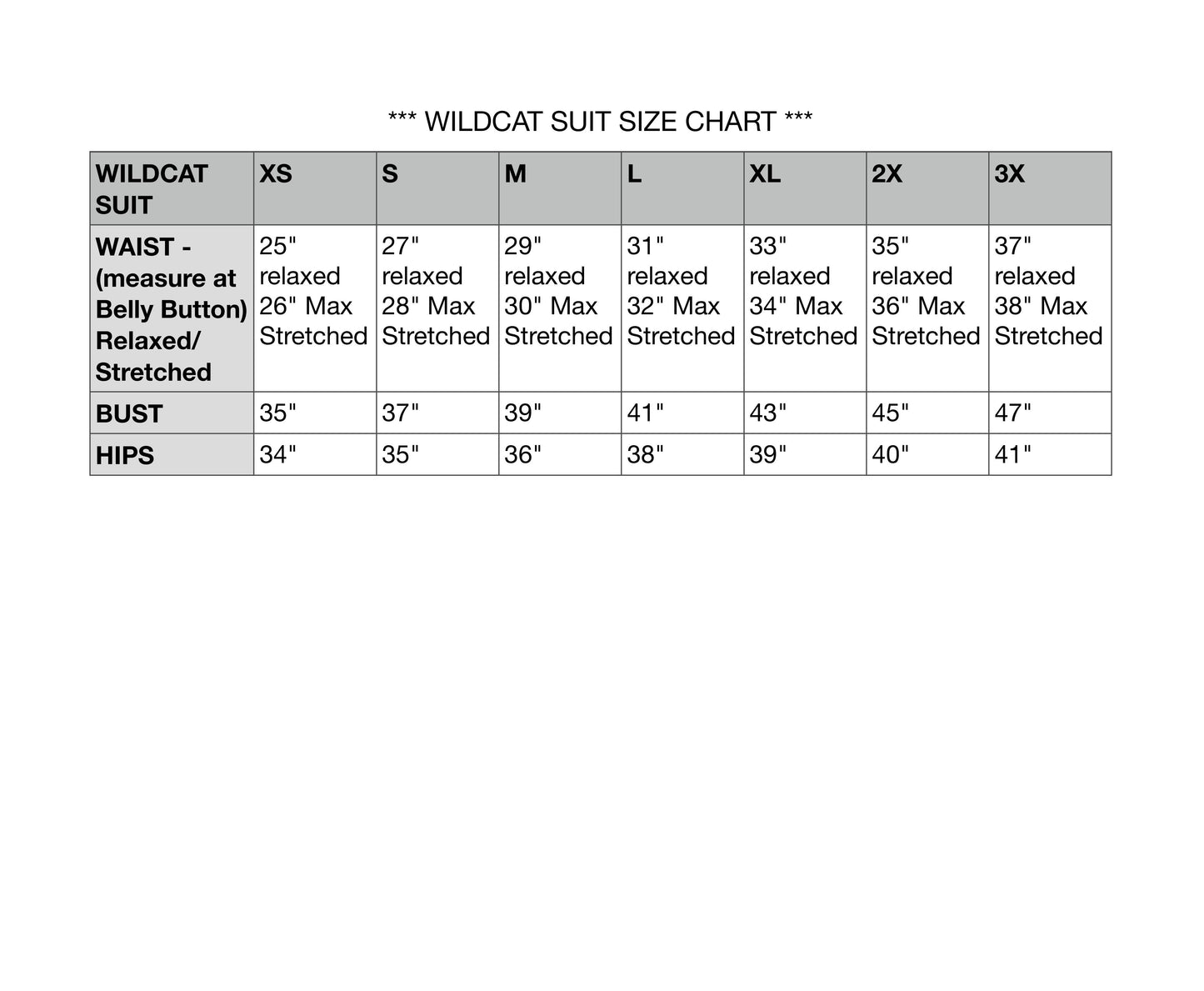WildCat Suit size chart showing waist (relaxed and stretched), bust, and hip measurements for sizes XS to 3X.