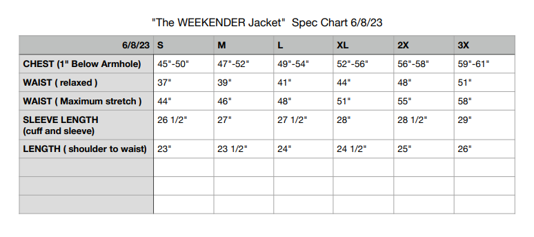 chart of size of weekender jacket
