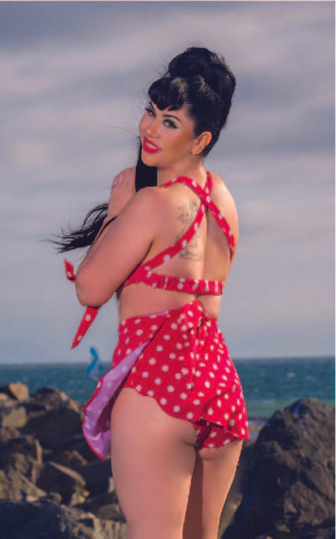 Back View -Red Polka Dot Calendar Girl Bathing Suit